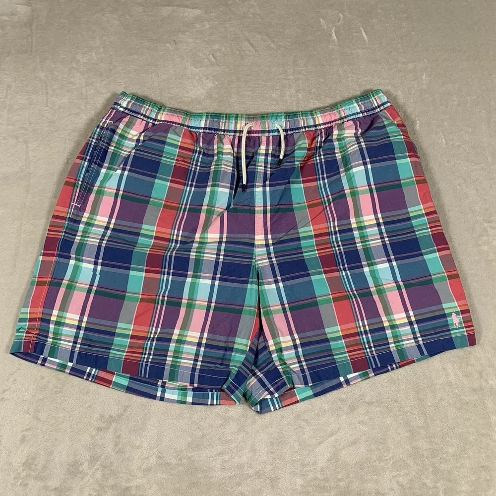 Polo Ralph Lauren Swimsuit Mens 2XLT Multicolor Plaid Pockets Lined Beach Surf